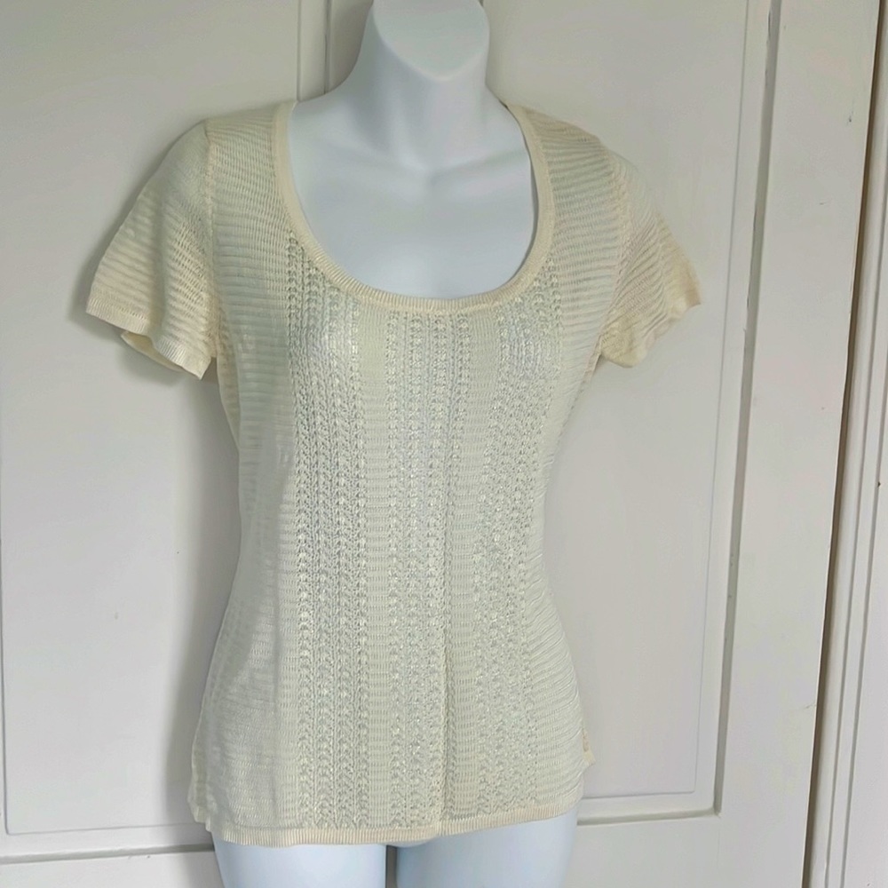 Etcetera Gorgeous Cream sheer, dressy, Scoop Neck knit top w sequins & beading S